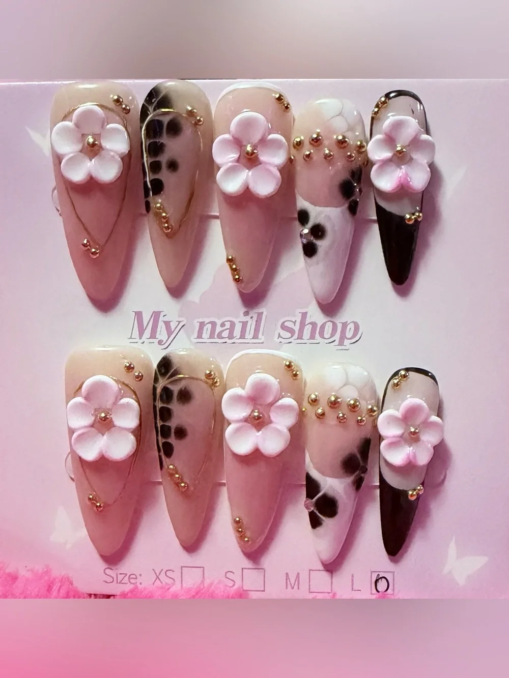 Pink Floral Press-On Nails 3d flower